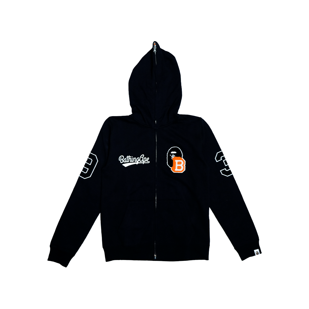 A BATHING APE LETTERMAN LOGO FULL ZIP UP HOODIE BLACK