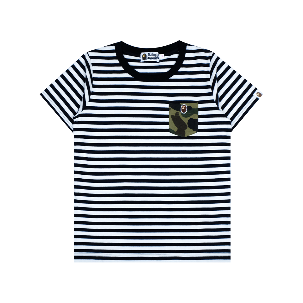 A BATHING APE 1ST CAMO POCKET ONE POINT HOOP T-SHIRT BLACK/WHITE