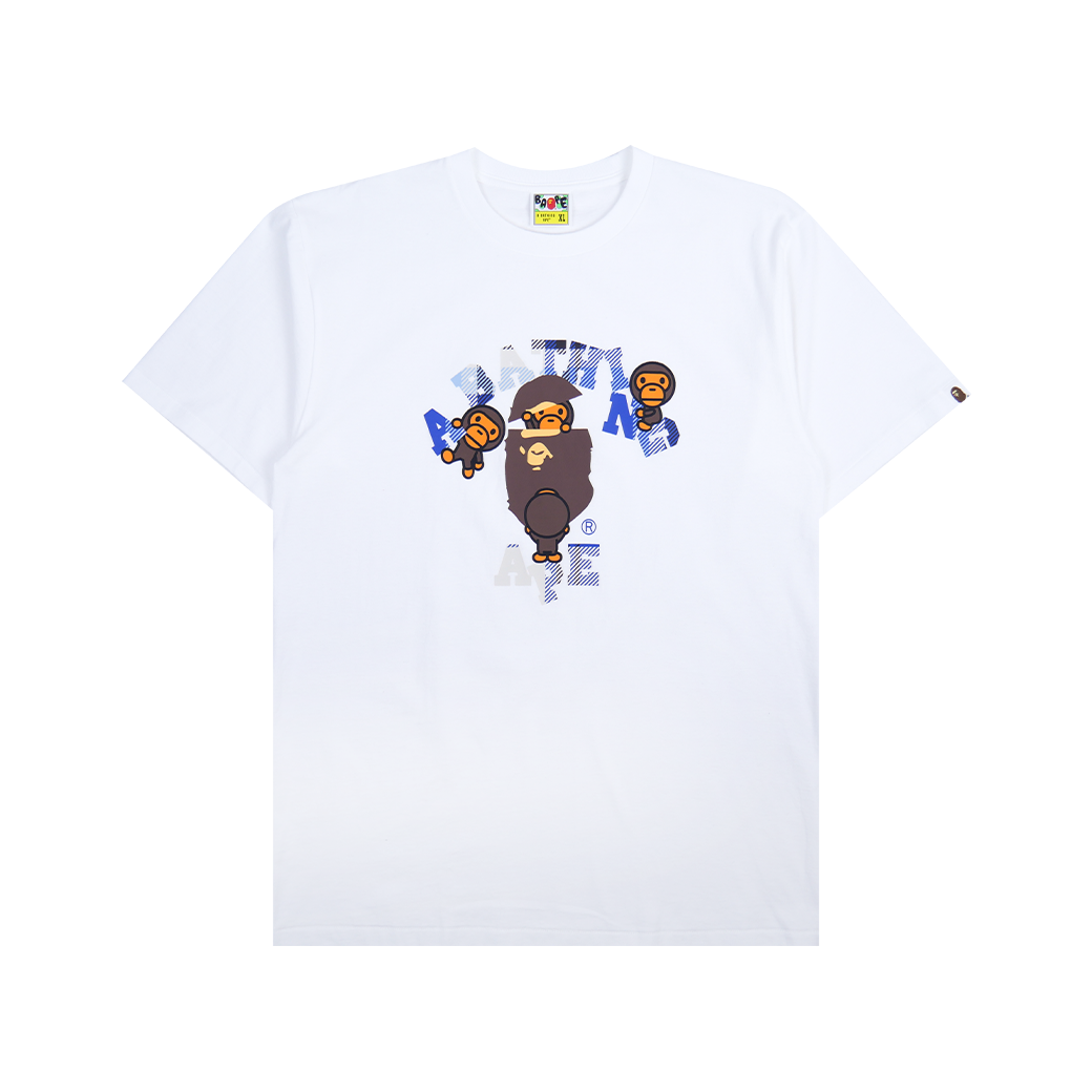 A BATHING APE CHECK PLAID COLLEGE MILO T-SHIRT WHITE