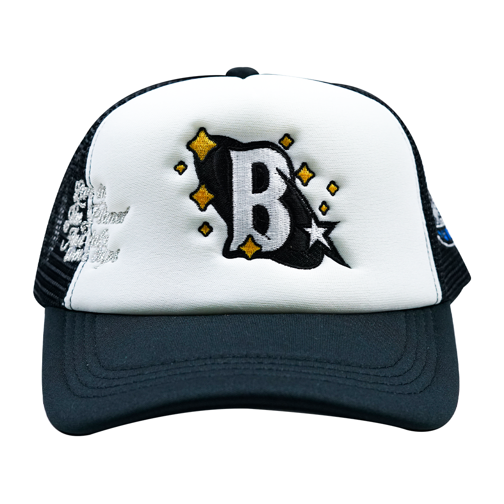 BLUE PLANET MOB TRIPPY B TRUCKER HAT BLACK/WHITE