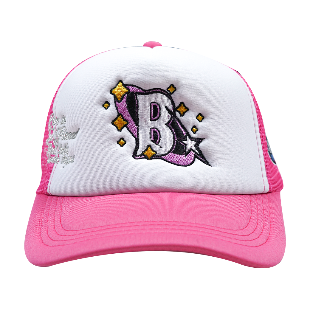 BLUE PLANET MOB TRIPPY B TRUCKER HAT PINK/WHITE