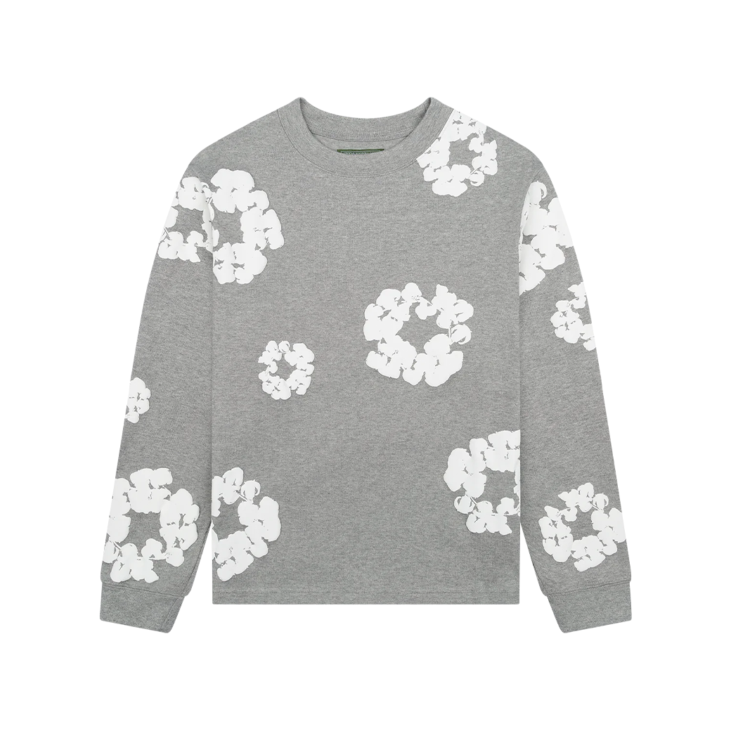 DENIM TEAR COTTON WREATH LONG SLEEVE T-SHIRT GREY