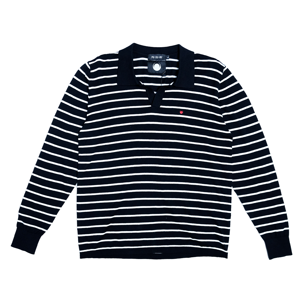 FUXURY NEW MOON STRIPE POLO LONG SLEEVE T-SHIRT BLACK