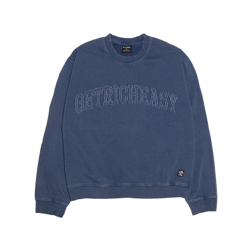 GET RICH EASY APPLIQUE LOGO DAMAGE SWEATER NAVY