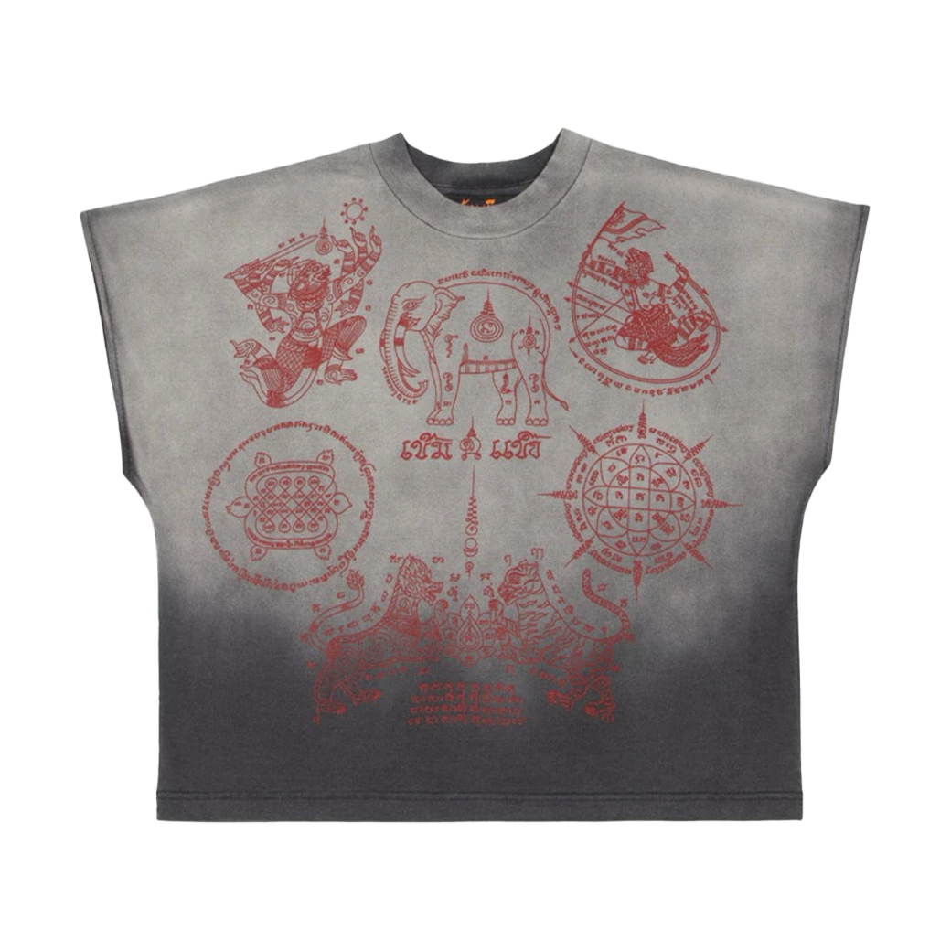 KEM2HAND OVERPRINT YANTRA RED SHORT SLEEVES T-SHIRT FADE BLACK