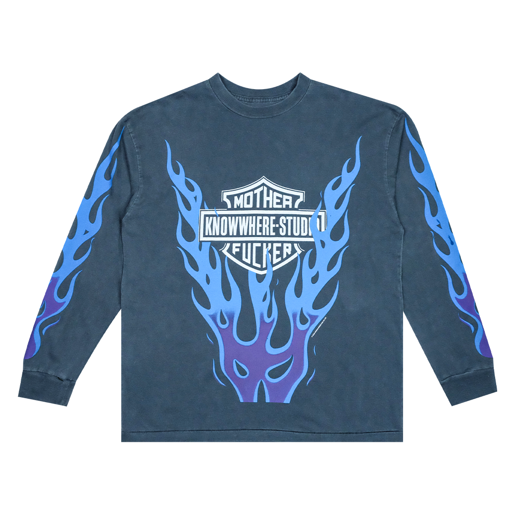 KNOWWHERE STUDIO FLAME RIDER LONG SLEEVE T-SHIRT FADE BLACK