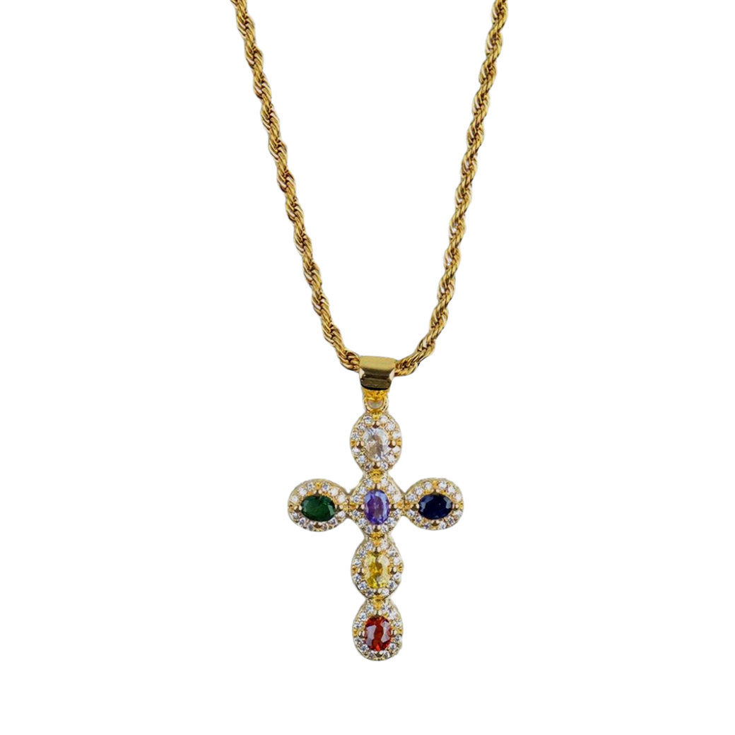MR_GOLDss MULTI COLOR OVAL CROSS NECKLACE GOLD