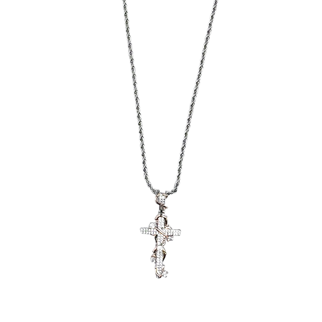 MR_GOLDss THE CROWN OF THORNS CROSS CZ NECKLACE SILVER