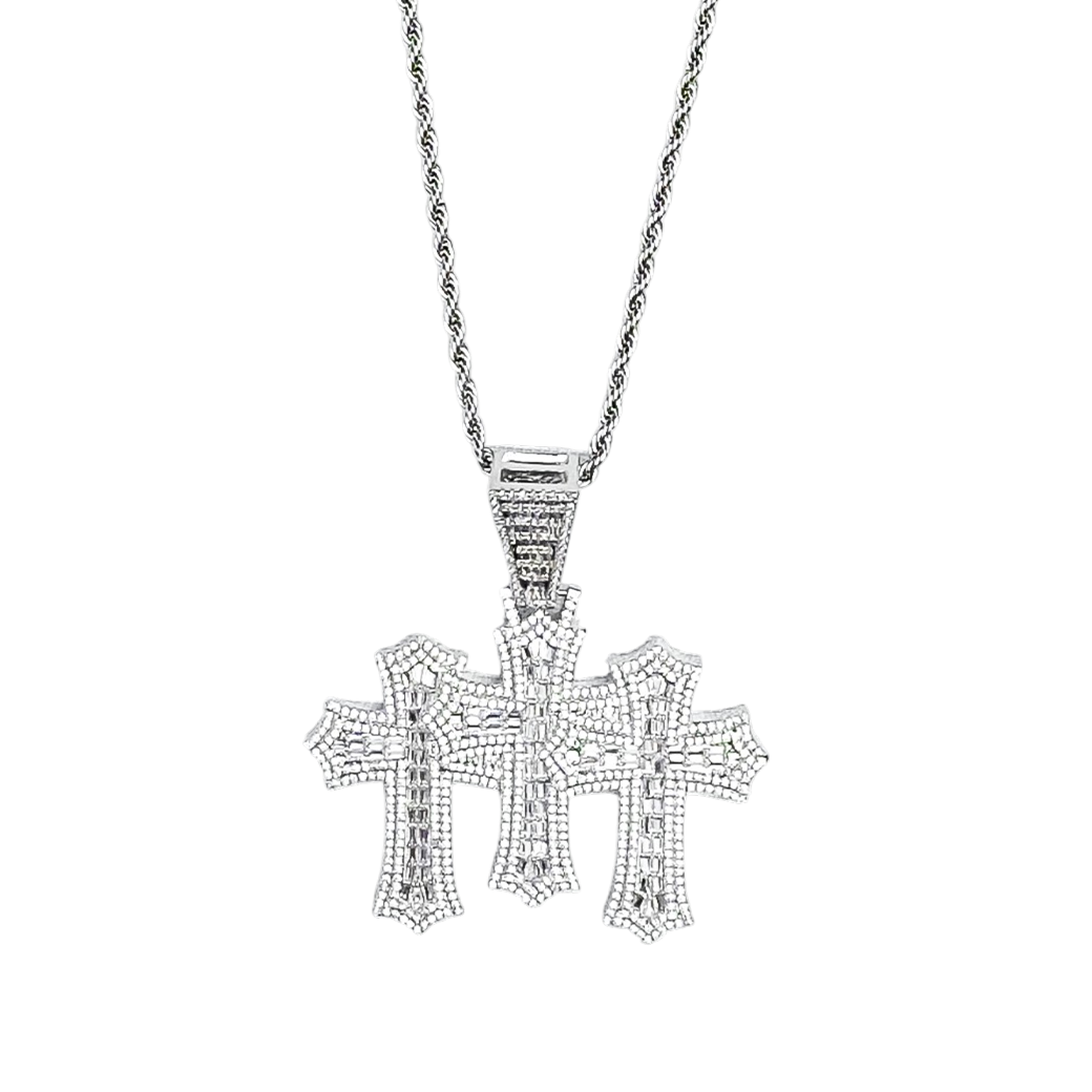 MR_GOLDss TRIPLE STACKED CROSS BAGUETTE CZ NECKLACE SILVER