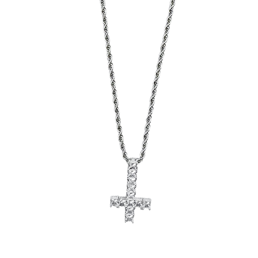 MR_GOLDss UPSIDE DOWN CROSS CZ NECKLACE SILVER