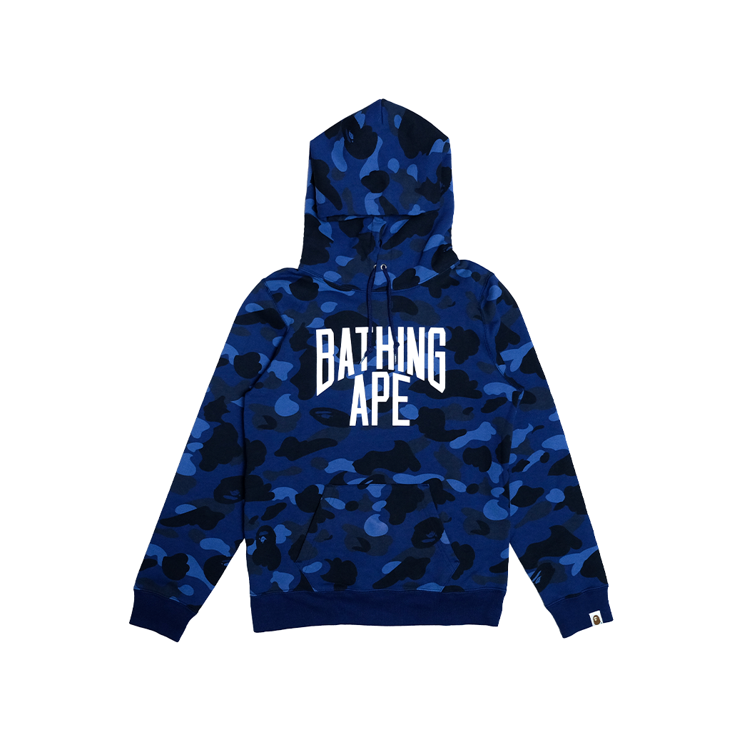 A BATHING APE SPELLOUT HOODIE BLUE CAMO