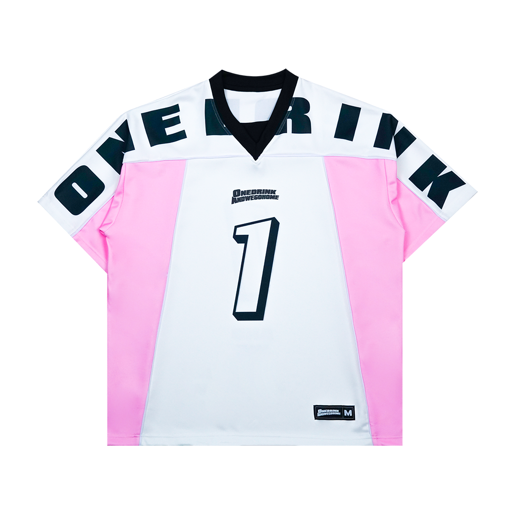 ONE DRINK AND WE GO HOME FOOTBALL JERSEY PINK