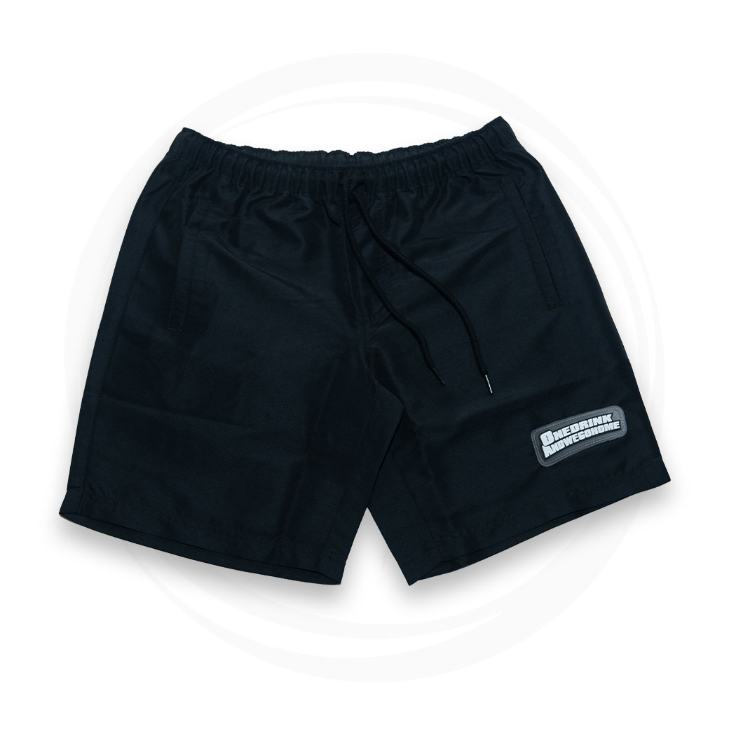 ONE DRINK AND WE GO HOME RUBBER LOGO SHORTS BLACK